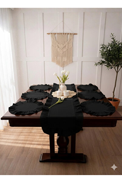 Uçkan home Ruffled Black Linen 1 Runner 6 American Placemats - 7 Piece Dowry Set