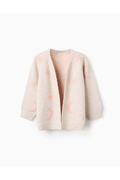 Ziddy جاكيت طويل محبوك مع لوركس وتطريز للبنات، بيج/وردي
