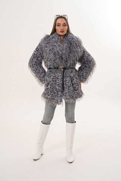 NAVY Midi Length Long Fur Belted Leopard Shawl Collar Coat