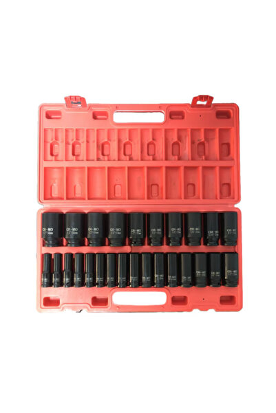 OEM 26 Piece Long Impact Socket Set, 1/2″, 10–36 mm, Red, Hexagonal