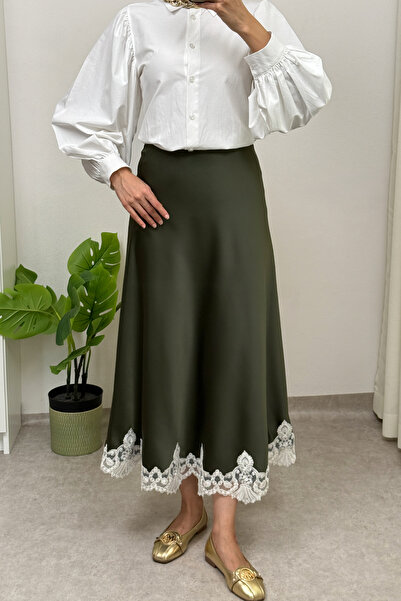 Salih Çelebi Dantel Detaylı Saten Etek 0038 - HAKİ