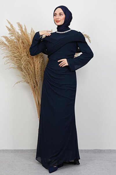 GİYZAMİLA Açangül Chiffon Evening Dress Navy Blue