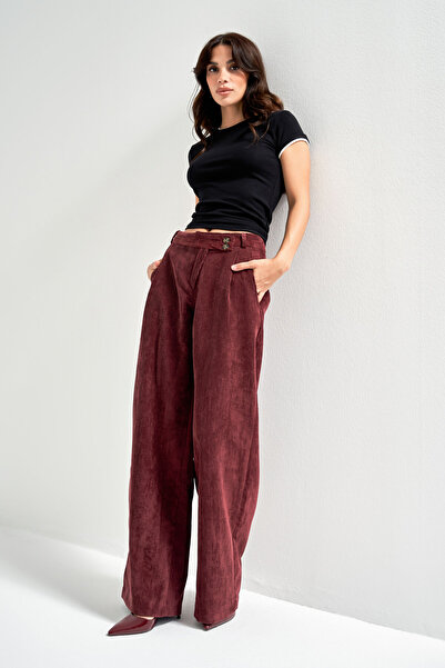 its basic Women's Burgundy Color W5-35 Palazzo Fit Belt Detailed Thick Corded Fabric Velvet Velvet Fabric Trousers