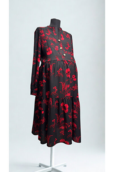 Mamara Hamile ve Emzirme Özellikli Midi Elbise – Uzun Kollu, Viskon Pamuk Kum...