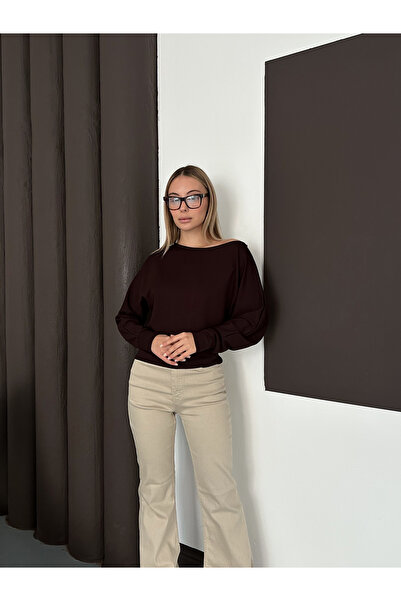 LE CARAMBOLE Women's Brown One Shoulder Batwing Sleeve Modal Fabric Blouse