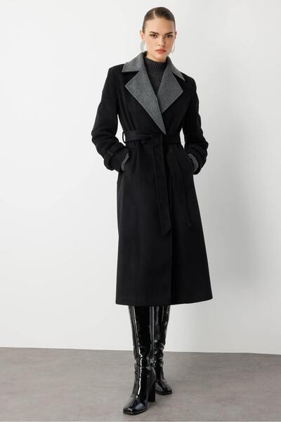 Mizalle Siyah Gri Detaylı Uzun Klasik Kaşe Kaban