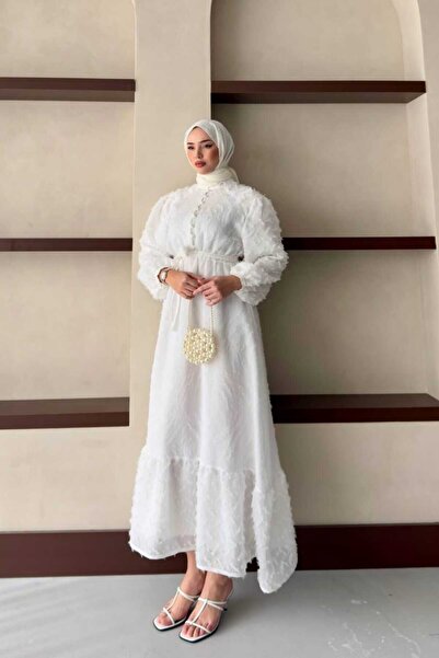 MODAYUNUS Hakim Yaka Yarım Düğmeli Üstü Sim Tüy Desenli Balon Kol Belden Kuşaklı Astarlı Tesettür Elbise