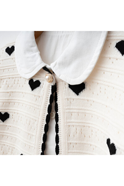 My Lusa baby wear Gökçe Heart Patterned - Knitwear Cardigan - Shirt Pleated Skirt 3-Piece Girl's Set