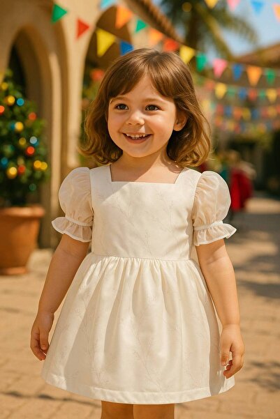 La reina petite فستان أبيض بأكمام منفوخة من لارينا بتيت