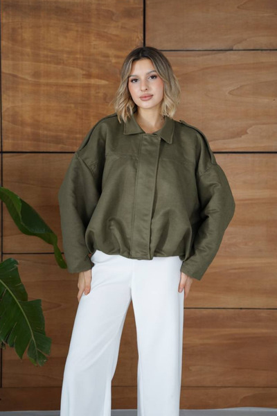 AKD Atelier Women's Coat Short Oversize Suede Zippered Shirt Collar Drop Shoulder Jacket