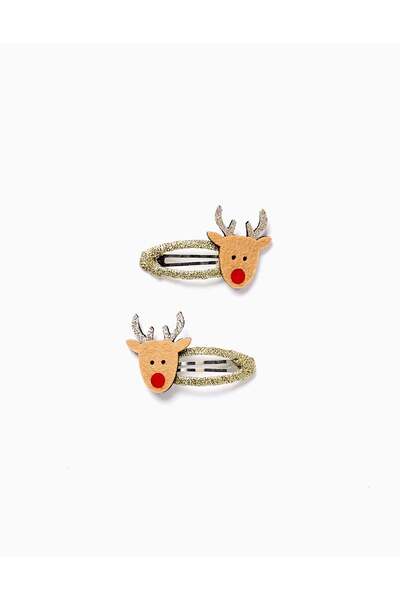 Ziddy Pack of 2 Glitter Christmas Hair Pins for Babies and Girls 'Reindeer', Gold