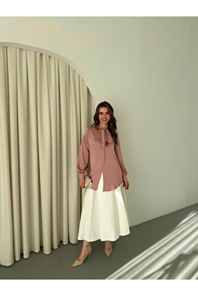 Milamia Cămașă clasică din satin cu fundă pentru femei