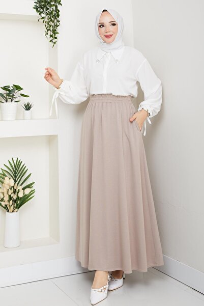 Günay Karaca Bej Taş Oşho Kumaş Kadın Etek Beli Lastikli 38 40 42 44 46 48 Bedenlere Uyumludur.