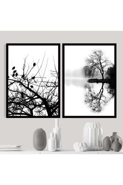 Araste Dekorasyon Yalnız Ağaç Ve Kuşlar Ikili Çerçeve Ve Poster Seti - Sb1009