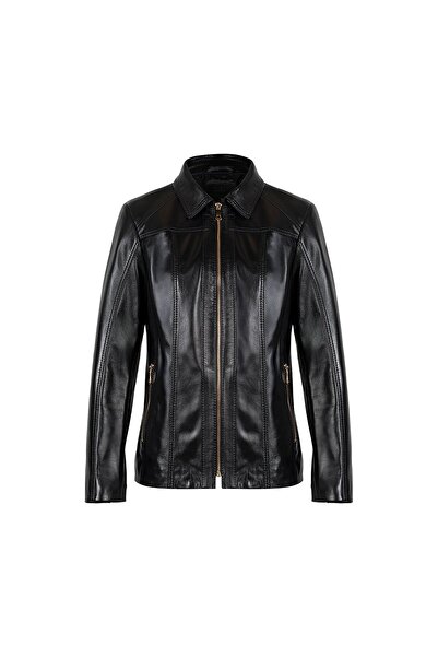 Desa Women's Black Shirt Collar Fit Leather Jacket