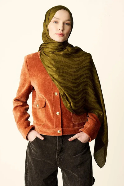 Madame Polo Premium Jakar Şal Dalga Desen - Yağ Yeşili