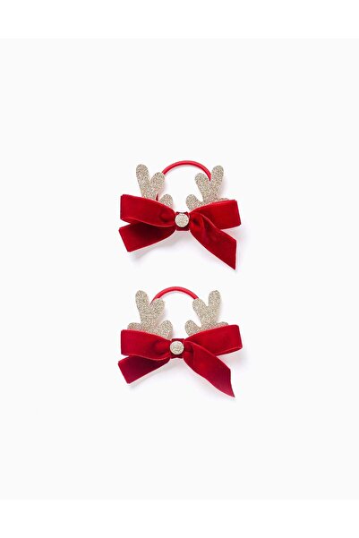 Ziddy Pack of 2 Hair Bobbles with Bow/Glitter for Babies and Girls 'Reindeer', Red