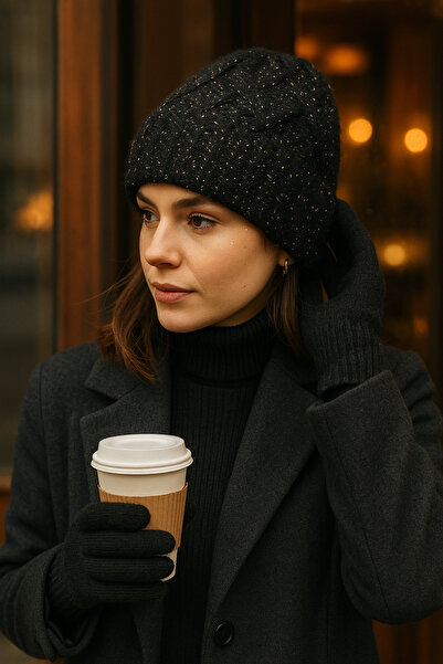 SİSTEM PELUŞ Elegant Knitted Patterned Silvery Beanie & Soft Textured Gloves Set - Winter Combination