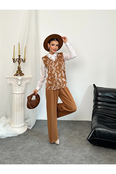 Hatun Atila Pearl Necklace Detailed Sweater and Shirt Three-Piece Set Brown - 5009