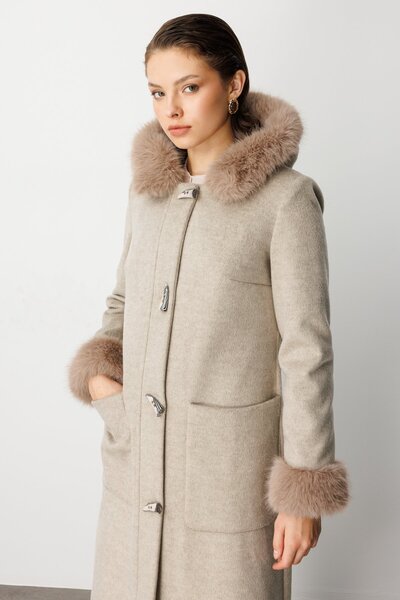 Ekol Cashmere Coat with Fur Collar and Sleeves