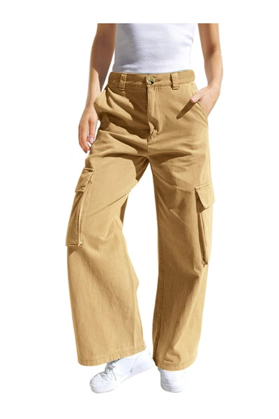 OEM Blugi kaki largi pentru fete 13/14 ani, talie înaltă, buzunare, mărimea 160