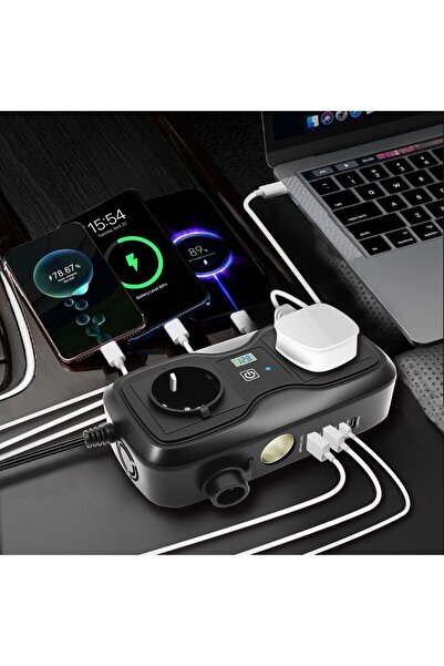 OEM Car inverter 12V–220V, 200W, with 2 AC outlets, 2 USB QC 3.0 ports, 2 Type-C PD ports