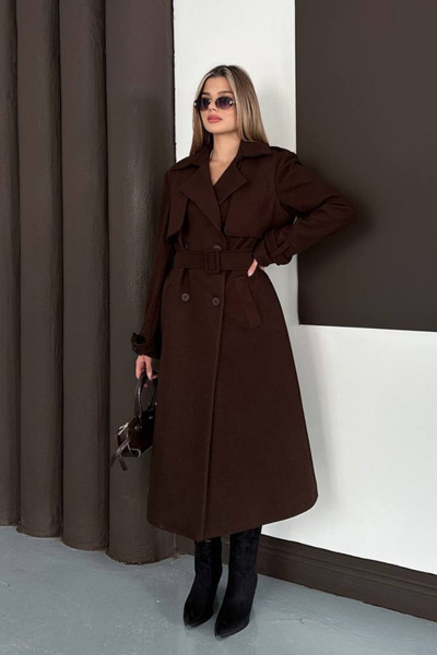 AKD Atelier Women's Coat Long Cashmere Belted Buttoned Pocketed Double Breasted Premium Coat