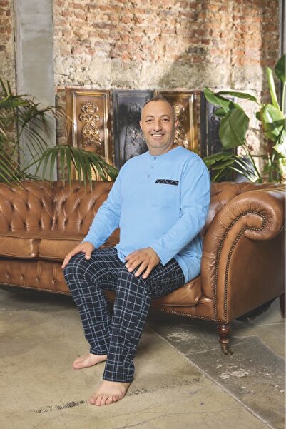 andredimoda Aydoğan Men's Blue Long Sleeve Plus Size 100% Cotton Pajama Set