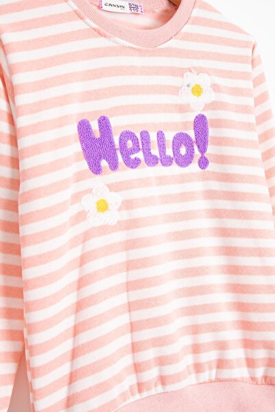 Cansın Mini Salmon Daisy Embroidered Striped Girl's Suit 23352