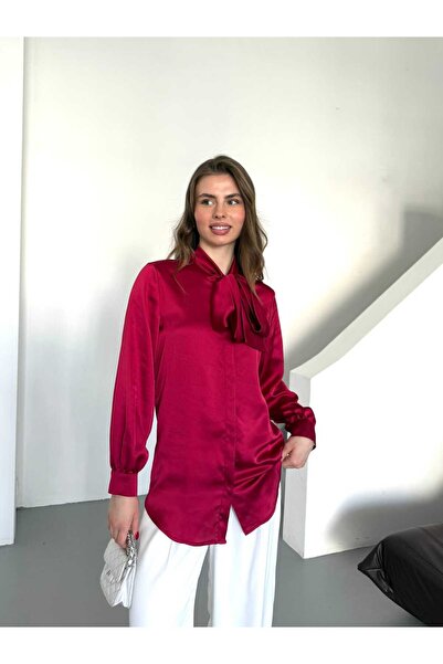 Milamia Kadın Fiyonklu Saten Düz Klasik Gömlek