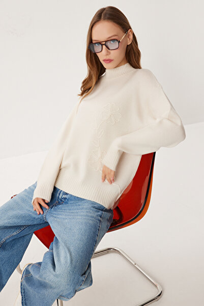 Lovelyİstanbul Pulover din amestec de lână cu textura florală LKB0016 BONE