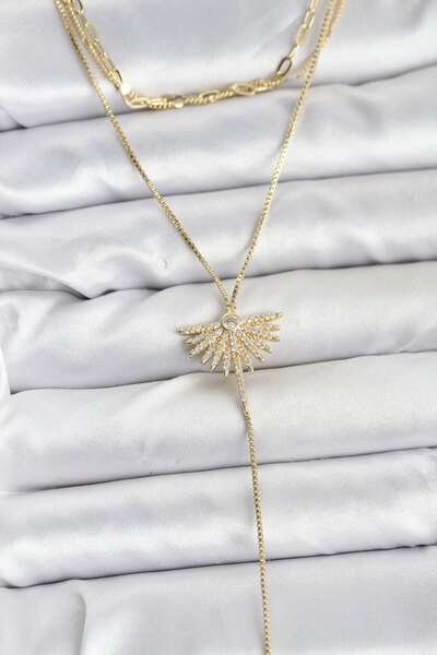 SeyCey.co قلادة نسائية من النحاس بلون ذهبي مع حجر الزركون وتصميم مروحة مفصل، ...