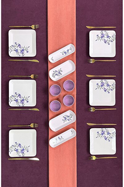 Erbaşlar Lüx Seramik Lila Sarmaşık 14 Parça 6 Kişilik Kare Kahvaltı Takımı, Seti