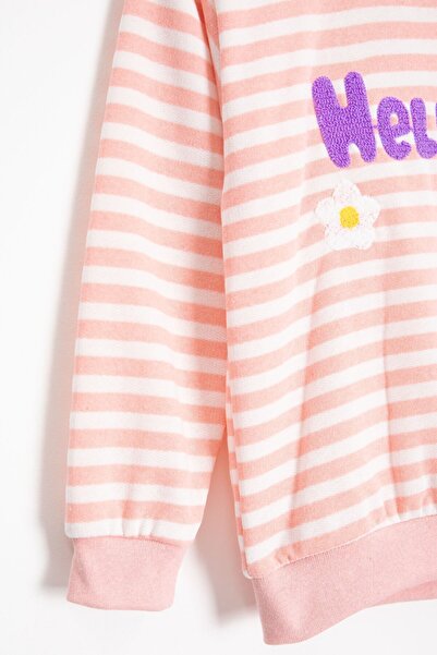 Cansın Mini Salmon Daisy Embroidered Striped Girl's Suit 23352