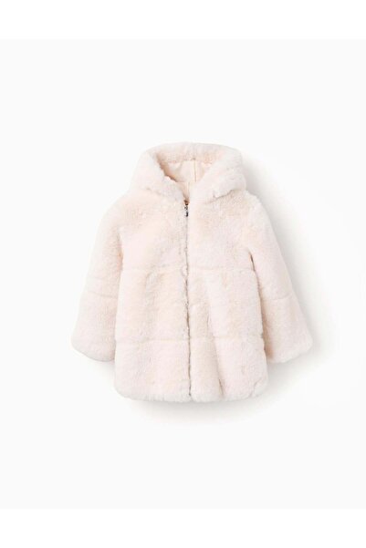 Ziddy معطف طويل بغطاء رأس من الفرو الصناعي للبنات، لون بيج