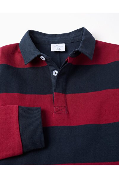 Ziddy Long sleeve cotton polo shirt with stripes for boys, dark blue/red