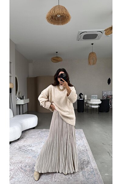 Buket Teke Beige Double Layer Wrinkled Fabric Maxi Skirt