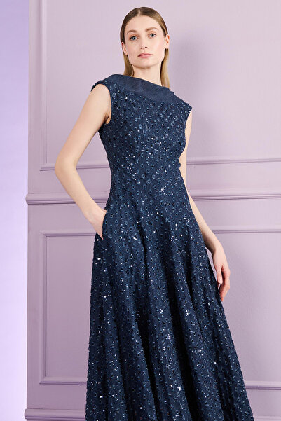 Talbot Runhof Yan Cepli Midi Boy Payetli Denim Kloş Elbise