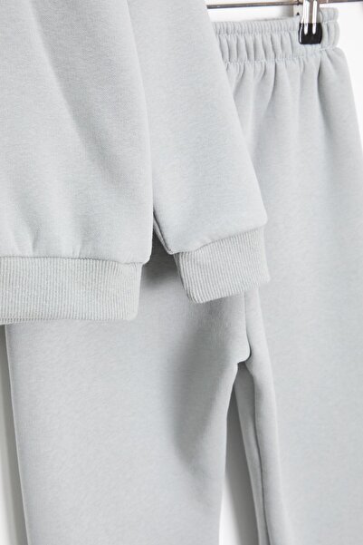 Cansın Mini Gray Smiling Face Embroidered Fleece-Lined Girls' Tracksuit Set 23357