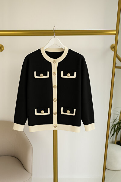 Bold Grup Women's Gold Button Detailed Striped Knitwear Striped Short Cardigan Jacket