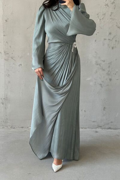 leyuze Volan Kol Drapeli Janjan Tesettür Abiye Mint Yeşili