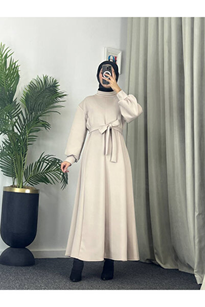 Esre Store 4559 - Φόρεμα υφασμάτινο τύπου Scuba με χιτζάμπ, Μπεζ