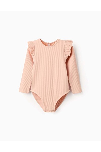 Ziddy Long sleeve ribbed body with ruffles for girls, light pink