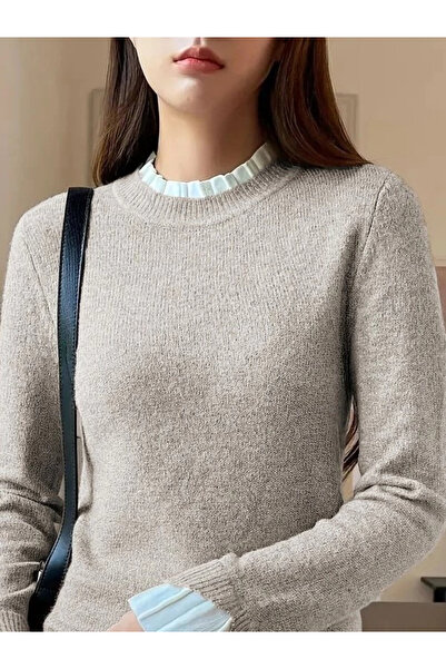 Butik Women's Long Sleeve Ruffled Collar Knitwear Cream Blouse