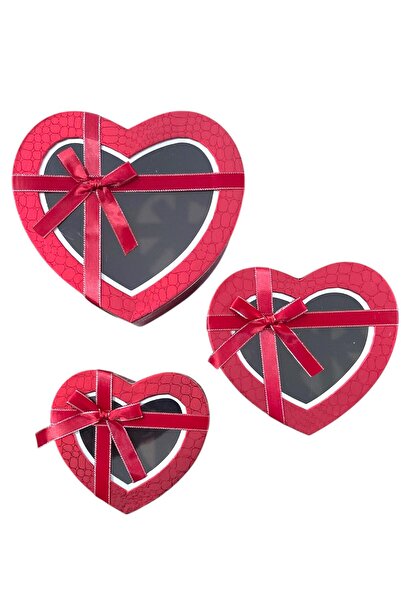 GÜZELYÜZ AVM Kırmızı Kalp Kutu Boş Hediye Kutusu 3'lü Set Küçük Orta Büyük