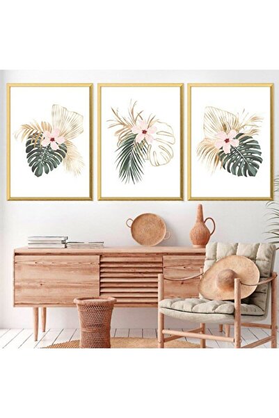 Araste Dekorasyon Gold Detailed Green Leaves 1 Triple Frame and Poster Set - ...