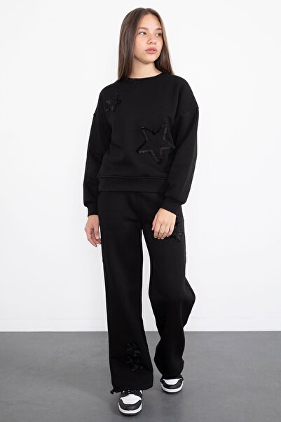 Cansın Mini Black Star Patterned Wide Leg Fleece-Lined Girls' Tracksuit Set 23361