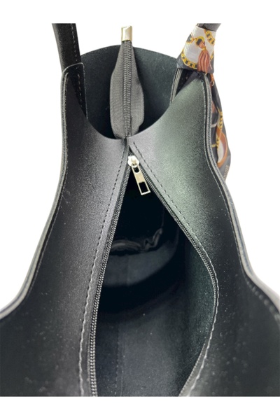 sç Saraçoğlu Çanta Zippered Single Compartment Faux Leather Handbag and Shoulder Bag with Scarf