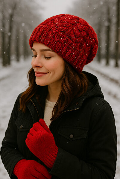 SİSTEM PELUŞ Elegant Knitted Patterned Silvery Beanie & Soft Textured Gloves Set - Winter Combination