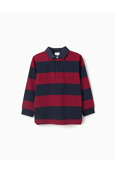 Ziddy Long sleeve cotton polo shirt with stripes for boys, dark blue/red